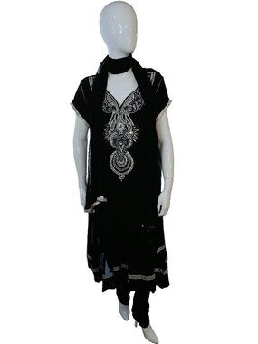 Silver & Gold Embellished Black Tunic Top, Trousers & Matching Scarf Size L-XL